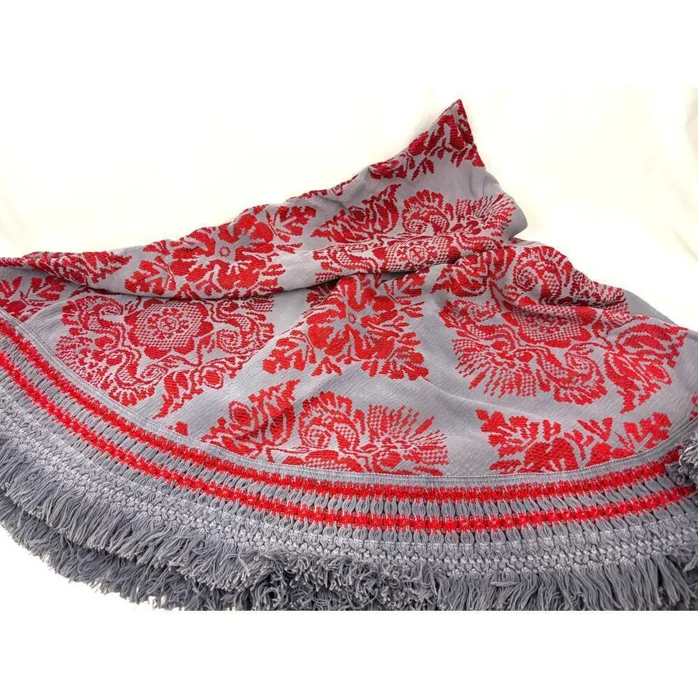 VTG Sears Tapestry Fringe Heavyweight Bedspread USA Made Red‎ Gray 75